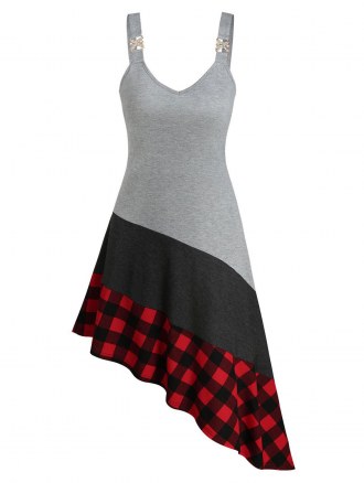Asymmetric Plaid Print Contrast Sleeveless Dress