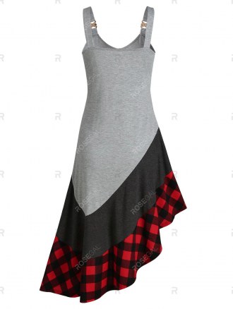 Asymmetric Plaid Print Contrast Sleeveless Dress