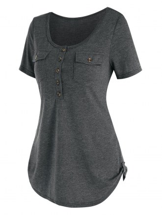 Buttons Pockets Casual Solid T Shirt