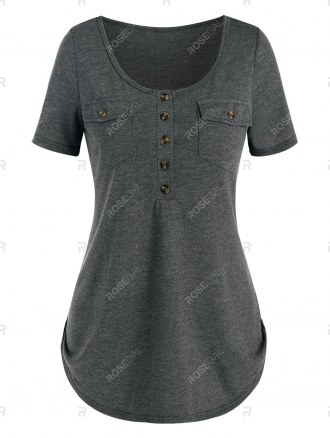 Buttons Pockets Casual Solid T Shirt