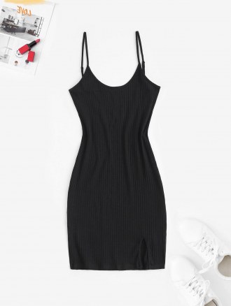 Cami Ribbed Front Slit Slinky Dress