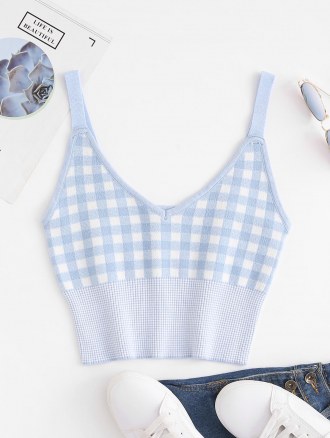 Checked Knitted Crop Tank Top