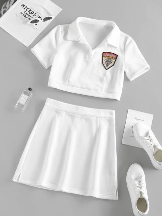 Chest Badge Fleece Lined Top And Skirt Set