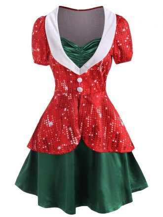 Christmas 3d Rhinestone Print Ruched Button Embellished Twofer Dress