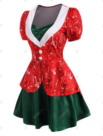 Christmas 3d Rhinestone Print Ruched Button Embellished Twofer Dress