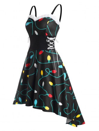 Christmas Light Faux Fur Panel Lace Up Dip Hem Dress