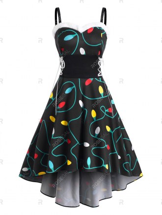 Christmas Light Faux Fur Panel Lace Up Dip Hem Dress