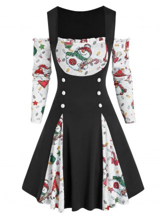 Christmas Santa Claus Snowman Gift Print Twofer Dress