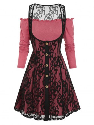 Cold Shoulder Mock Button Overlay Lace Two Piece Dress