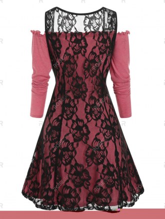 Cold Shoulder Mock Button Overlay Lace Two Piece Dress