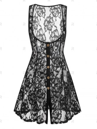 Cold Shoulder Mock Button Overlay Lace Two Piece Dress