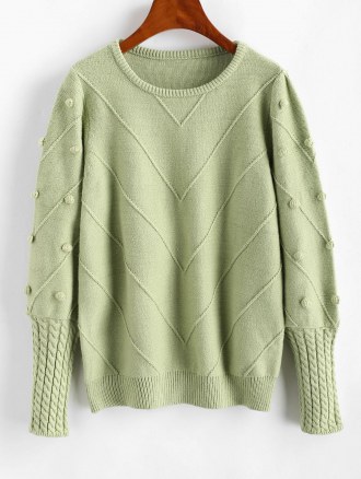 Dotted Bubble Cable Knit Pom Pom Sweater