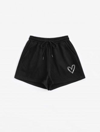 Double Hearts Print Drawstring Pocket Shorts