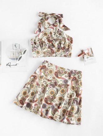 Ethnic Floral Paisley Print Smocked Mini Skirt Set