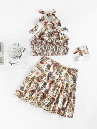 Ethnic Floral Paisley Print Smocked Mini Skirt Set