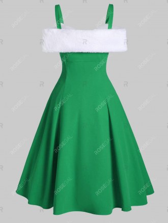 Faux Fur Panel Bowknot Open Shoulder Party Dress