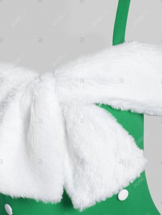 Faux Fur Panel Bowknot Open Shoulder Party Dress