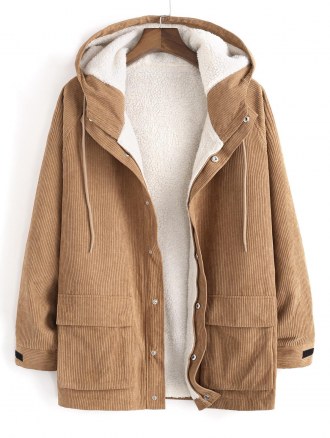 Faux Fur Raglan Sleeve Hooded Corduroy Jacket