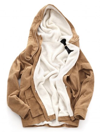 Faux Fur Raglan Sleeve Hooded Corduroy Jacket