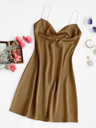 Faux Pearl Straps Cowl Neck Mini Dress