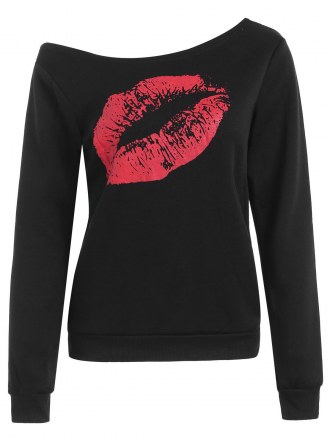 Flocking Skew Collar Lip Print Sweatshirt