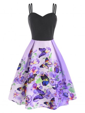 Floral Butterfly Ombre Dual Strap Flared Cami Dress