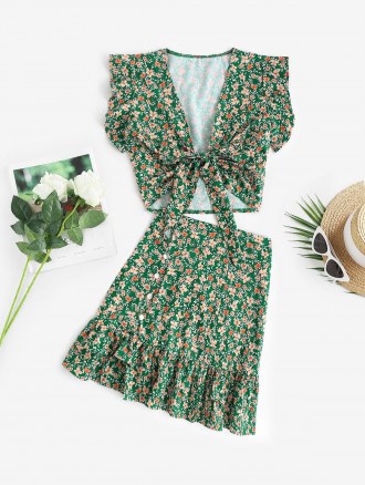 Floral Ruffle Knot Blouse And Flounce Skirt Set