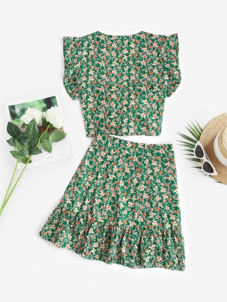 Floral Ruffle Knot Blouse And Flounce Skirt Set