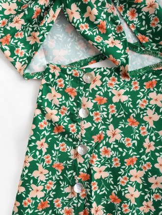 Floral Ruffle Knot Blouse And Flounce Skirt Set