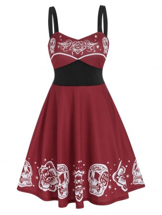Floral Skull Print Gothic Mini Cami Dress