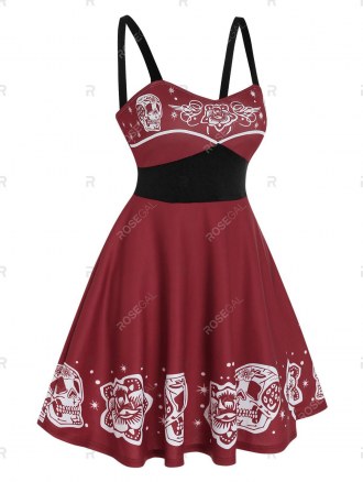 Floral Skull Print Gothic Mini Cami Dress