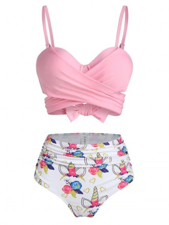 Flower Unicorn Print Wrap Ruched Padded Bikini Set