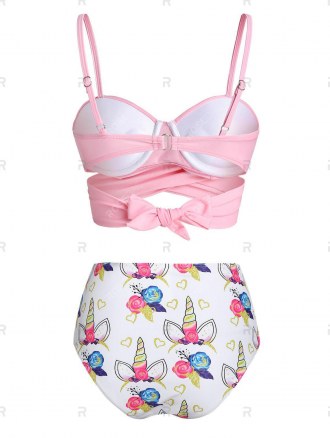 Flower Unicorn Print Wrap Ruched Padded Bikini Set