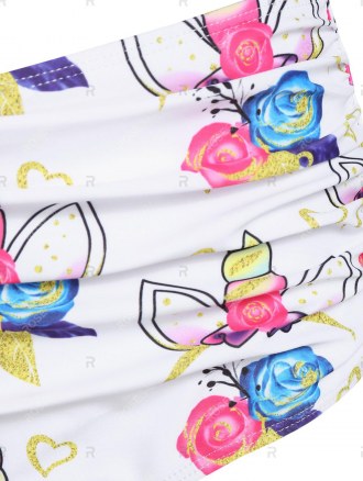 Flower Unicorn Print Wrap Ruched Padded Bikini Set