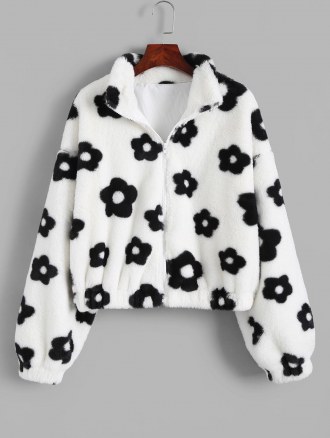 Fluffy Floral Graphic Faux Fur Jacket