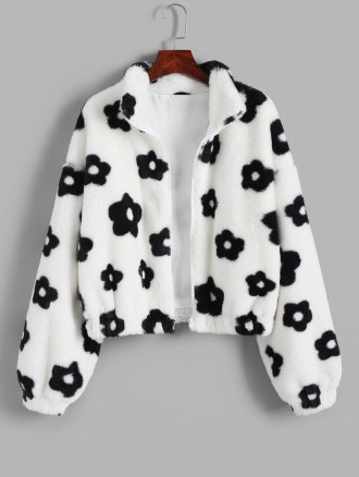 Fluffy Floral Graphic Faux Fur Jacket