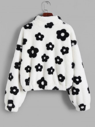 Fluffy Floral Graphic Faux Fur Jacket