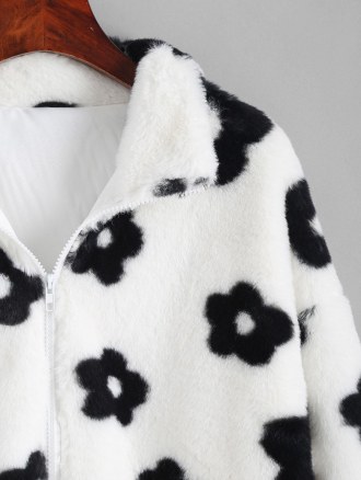 Fluffy Floral Graphic Faux Fur Jacket