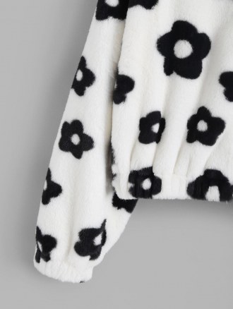 Fluffy Floral Graphic Faux Fur Jacket