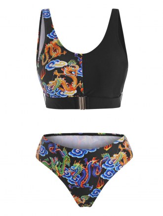 Front Closure Dragon Print Oriental Tank Bikini Swimwear