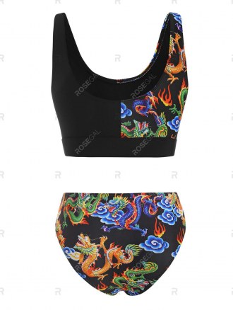 Front Closure Dragon Print Oriental Tank Bikini Swimwear