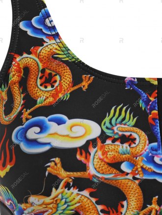 Front Closure Dragon Print Oriental Tank Bikini Swimwear