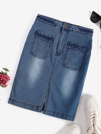 Front Slit Braided Trim Denim Bodycon Skirt