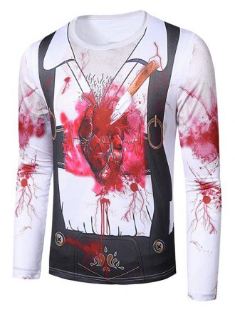 Halloween Stab Heart Faux Suit Pattern Crew Neck T Shirt