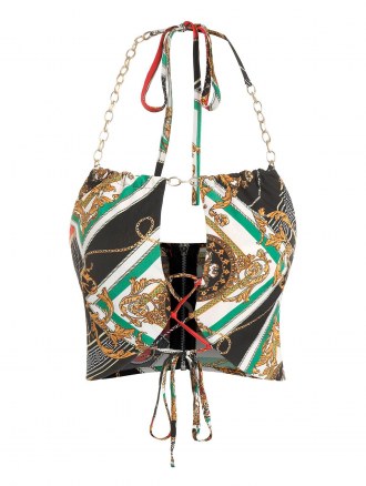 Halter Chain Scarf Print Lace Up Top