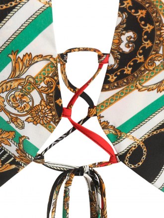 Halter Chain Scarf Print Lace Up Top