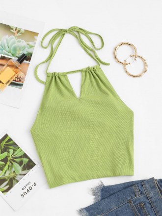 Halter Rib-knit Keyhole Cutout Back Knot Top