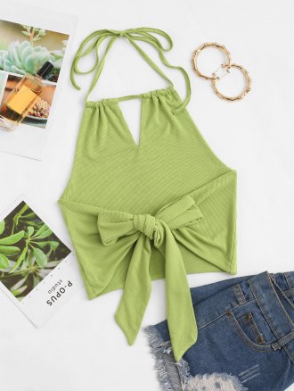 Halter Rib-knit Keyhole Cutout Back Knot Top