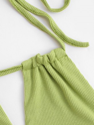 Halter Rib-knit Keyhole Cutout Back Knot Top