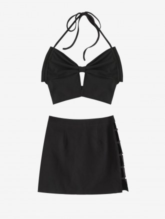 Halter Ribbed Bowknot Top And Cut Out Skirt Set